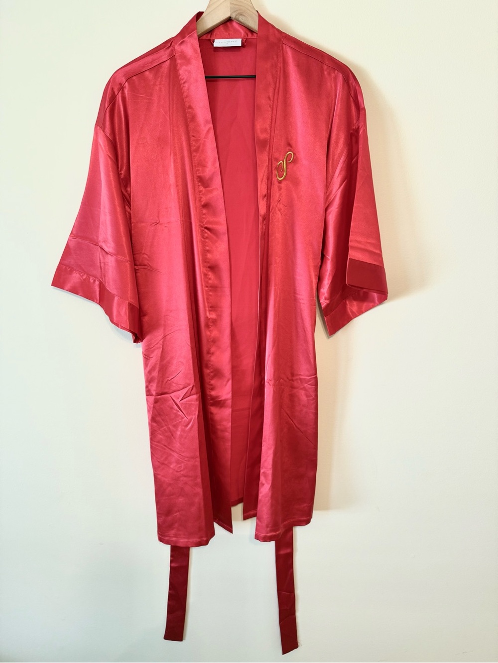 TURQUAZ Silky Red Satin Kimono Robe with Gold Embroidery